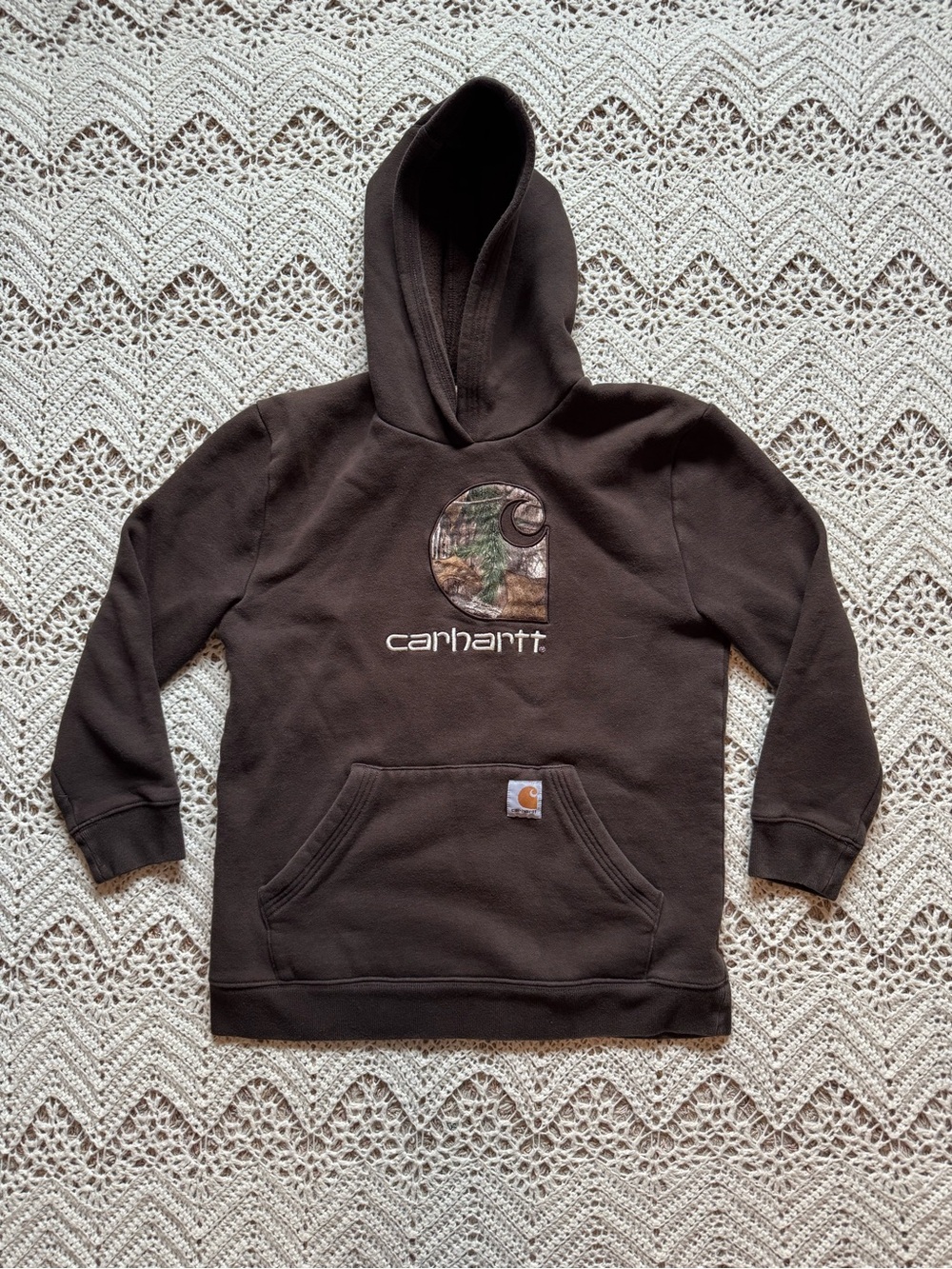 Carhartt Dark Brown Hoodie with Camo Logo Boys Size 14-16 Sweatshirt Outdoors